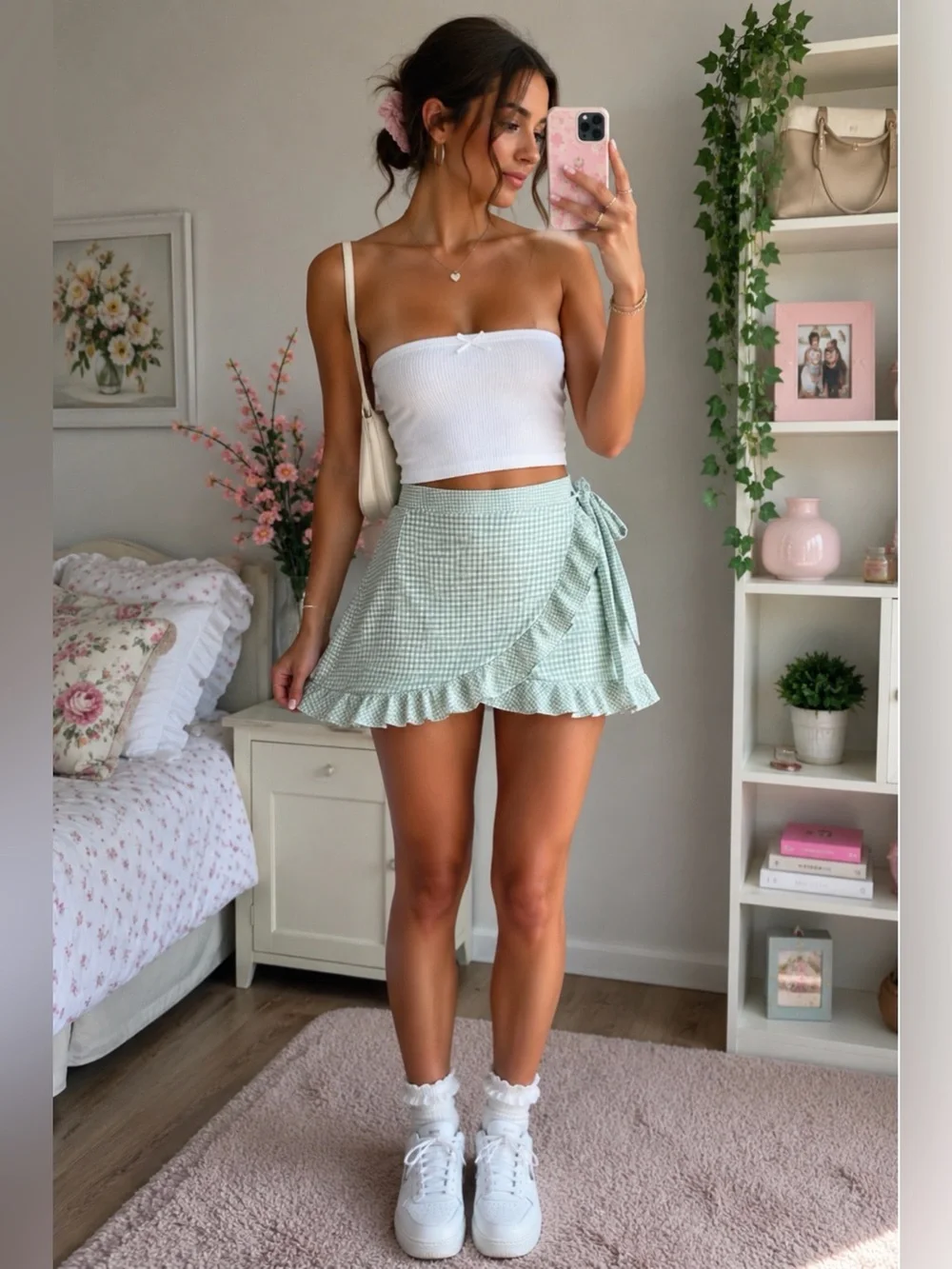 Altar'd State Sage Green Gingham Wrap Skirt Size Small Ruffle Hem Cottagecore